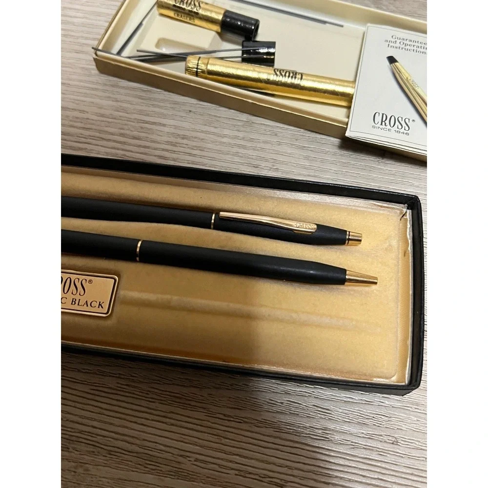 Cross Classic Black Pen and Pencil Set Matte Gold Trim Vintage with Box Refills‎